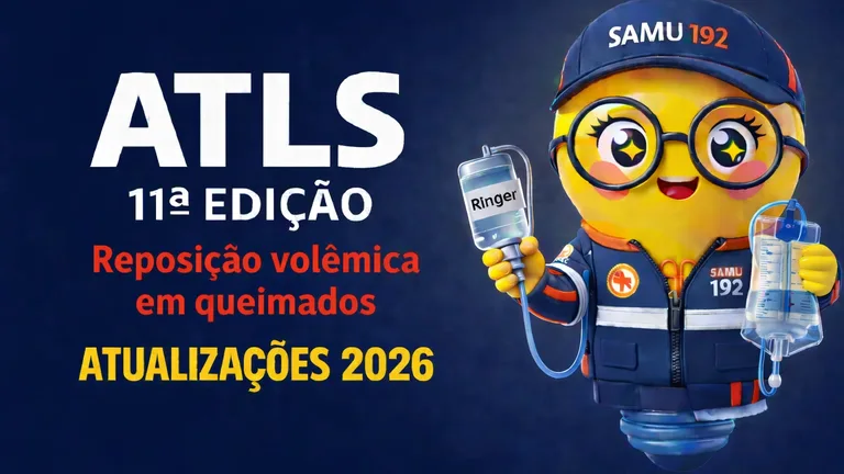 Banner digital com fundo azul escuro em degradê. À esquerda, em letras grandes brancas, está escrito “ATLS” e logo abaixo “11ª EDIÇÃO”. Abaixo do título, em letras vermelhas, aparece o texto “Reposição volêmica em queimados”. Na parte inferior, em amarelo, está escrito “ATUALIZAÇÕES 2026”. À direita, há um mascote ilustrado em formato de lâmpada com expressão sorridente, olhos grandes e óculos redondos. Ele veste uniforme azul do SAMU com boné escrito “SAMU 192”. Em uma das mãos segura um frasco de solução intravenosa rotulado “Ringer”, conectado a um equipo, e na outra segura um dispositivo transparente semelhante a um coletor graduado usado para monitorar o débito urinário. O estilo da imagem é colorido, tridimensional e com aparência de personagem animado.